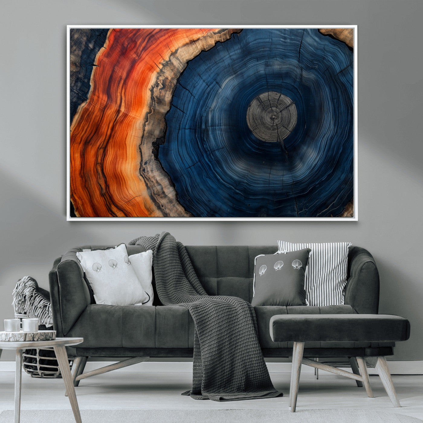 99491700-MGV-CV-36X24-Tree Ring Canvas Wall Art – Blue Orange Abstract Wood Grain Print, Rustic Modern Nature Artwork for Living Room, Office, Bedroom
