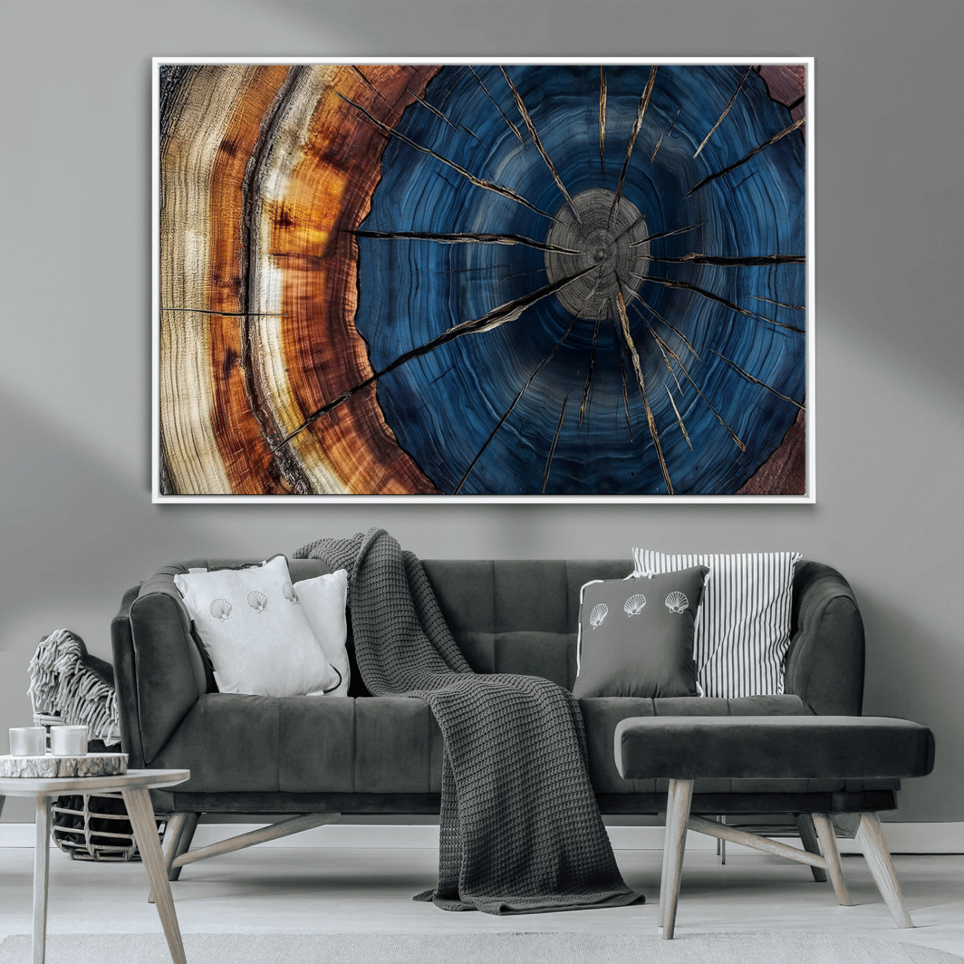 60099360-MGV-FC-36X24_White-Blue Tree Ring Wall Art – Rustic Wood Grain Canvas Print, Modern Abstract Artwork with Natural Texture for Living Room, Bedroom,