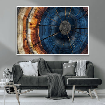60099360-MGV-FC-36X24_White-Blue Tree Ring Wall Art – Rustic Wood Grain Canvas Print, Modern Abstract Artwork with Natural Texture for Living Room, Bedroom,