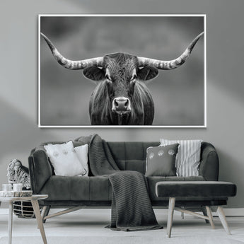 81228550-MGV-FC-36X24_White-Framed Texas Longhorn Bull Art Canvas Print, Western Bull Wall Art Print, Long Horn Bull Photo Print for Log Cabin, Large Bull