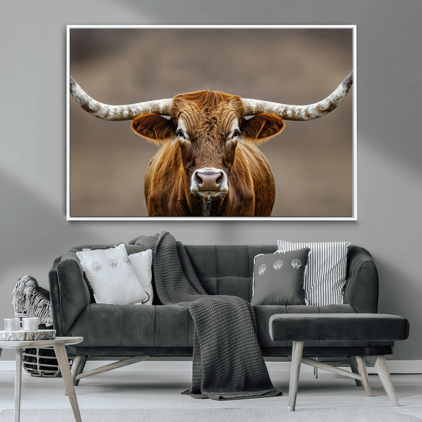 12179171-MGV-CV-36X24-Texas Longhorn Wall Art Canvas Print, Framed Brown Bull Art Picture Print, Lone Cattle Perfect Rustic Western Decor Artwork