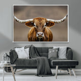 12179171-MGV-CV-36X24-Texas Longhorn Wall Art Canvas Print, Framed Brown Bull Art Picture Print, Lone Cattle Perfect Rustic Western Decor Artwork