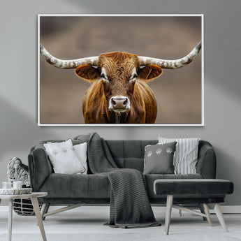 12179171-MGV-CV-36X24-Texas Longhorn Wall Art Canvas Print, Framed Brown Bull Art Picture Print, Lone Cattle Perfect Rustic Western Decor Artwork