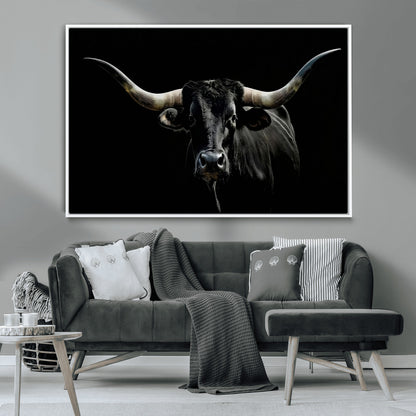 37531960-MGV-CV-36X24-Black Longhorn Bull Wall Art – Dramatic Western Cattle Canvas Print, Rustic Farmhouse Animal Artwork for Living Room, Bedroom,