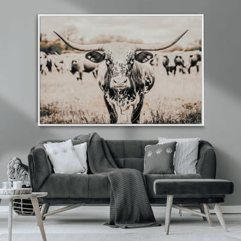 27497342-MGV-CV-36X24-Texas Longhorn Wall Art Canvas Print, Framed Speckled Cow Art Picture Print, Horned Cattle Perfect Rustic Western Decor Artwork