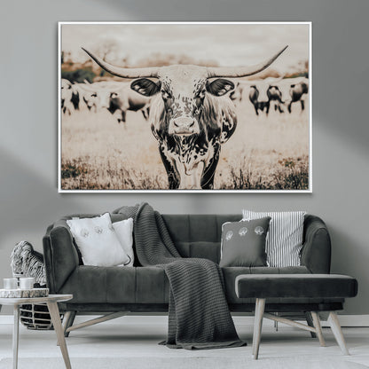 27497342-MGV-CV-36X24-Texas Longhorn Wall Art Canvas Print, Framed Speckled Cow Art Picture Print, Horned Cattle Perfect Rustic Western Decor Artwork