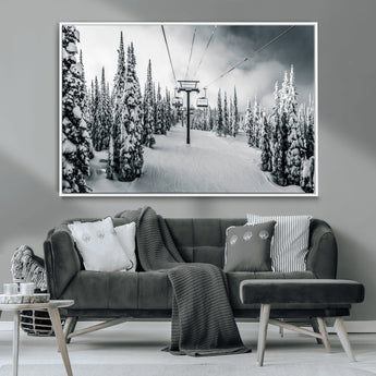 31156828-MGV-CV-36X24-Snowy Pines Wall Art Canvas Print, Framed Ski Lift Art Picture Print, Winter Forest Perfect Moody Lodge Decor Artwork