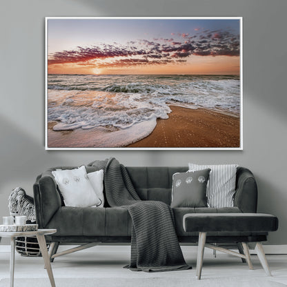 39846389-MGV-CV-36X24-Ocean Sunset Wall Art Canvas Print, Framed Sandy Shore Art Picture Print, Gentle Waves Perfect Minimalist Coastal Decor Artwork
