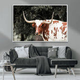 54027638-MGV-CV-36X24-Texas Longhorn Wall Art Canvas Print, Framed Spotted Cow Art Picture Print, Horned Bull Perfect Rustic Western Decor Artwork