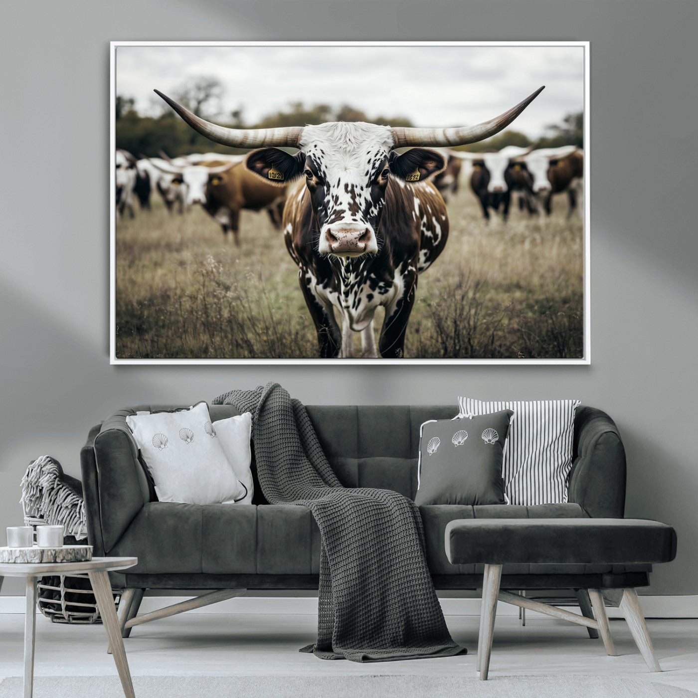 79025945-MGV-CV-36X24-Texas Longhorn Wall Art Canvas Print, Framed Speckled Cow Art Picture Print, Horned Cattle Perfect Rustic Western Decor Artwork