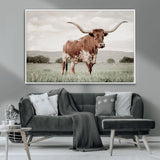 28309012-MGV-CV-36X24-Texas Longhorn Wall Art Canvas Print, Framed Spotted Cattle Art Picture Print, Horned Bull Perfect Rustic Western Decor Artwork