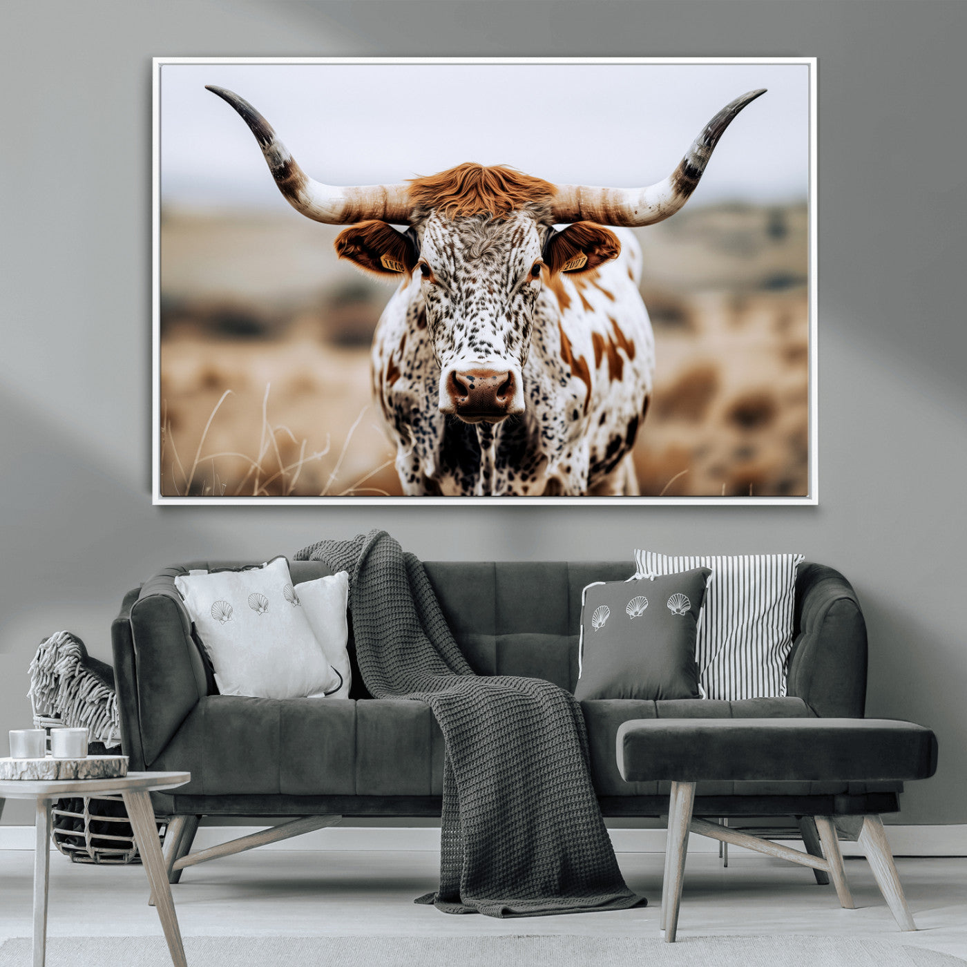 76294381-MGV-CV-36X24-Texas Longhorn Wall Art Canvas Print, Framed Spotted Cow Art Picture Print, Horned Cattle Perfect Rustic Western Decor Artwork