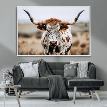 76294381-MGV-CV-36X24-Texas Longhorn Wall Art Canvas Print, Framed Spotted Cow Art Picture Print, Horned Cattle Perfect Rustic Western Decor Artwork