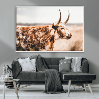 11528295-MGV-CV-36X24-Speckled Longhorn Wall Art Canvas Print, Framed Texas Cattle Art Picture Print, Horned Cow Perfect Rustic Western Decor Artwork