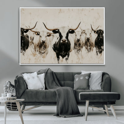 12027562-MGV-CV-36X24-Longhorn Cattle Wall Art Canvas Print, Framed Bison Herd Art Picture Print, Cattle Group Perfect Rustic Farmhouse Decor Artwork