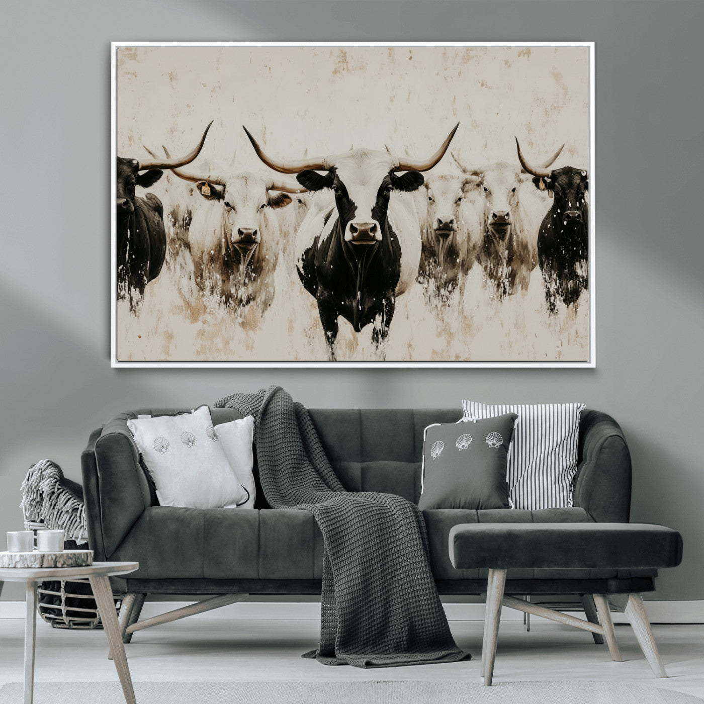 12027562-MGV-CV-36X24-Longhorn Cattle Wall Art Canvas Print, Framed Bison Herd Art Picture Print, Cattle Group Perfect Rustic Farmhouse Decor Artwork