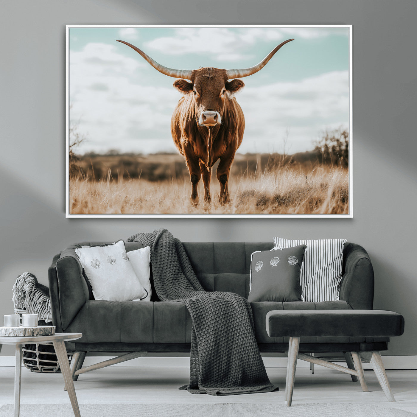 39350715-MGV-CV-36X24-Texas Longhorn Wall Art Canvas Print, Framed Longhorn Cow Art Picture Print, Western Cattle Perfect Rustic Western Decor Artwork