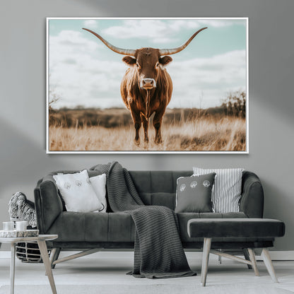 39350715-MGV-CV-36X24-Texas Longhorn Wall Art Canvas Print, Framed Longhorn Cow Art Picture Print, Western Cattle Perfect Rustic Western Decor Artwork