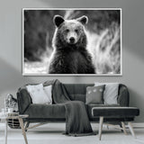 MGV-FC-36X24 - Grizzly Bear Wall Art Canvas Print, Framed Black White Bear Art Picture Print, Wild Bear Perfect Rustic Wildlife Decor Artwork