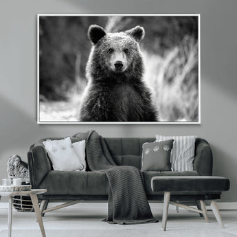 MGV-FC-36X24 - Grizzly Bear Wall Art Canvas Print, Framed Black White Bear Art Picture Print, Wild Bear Perfect Rustic Wildlife Decor Artwork
