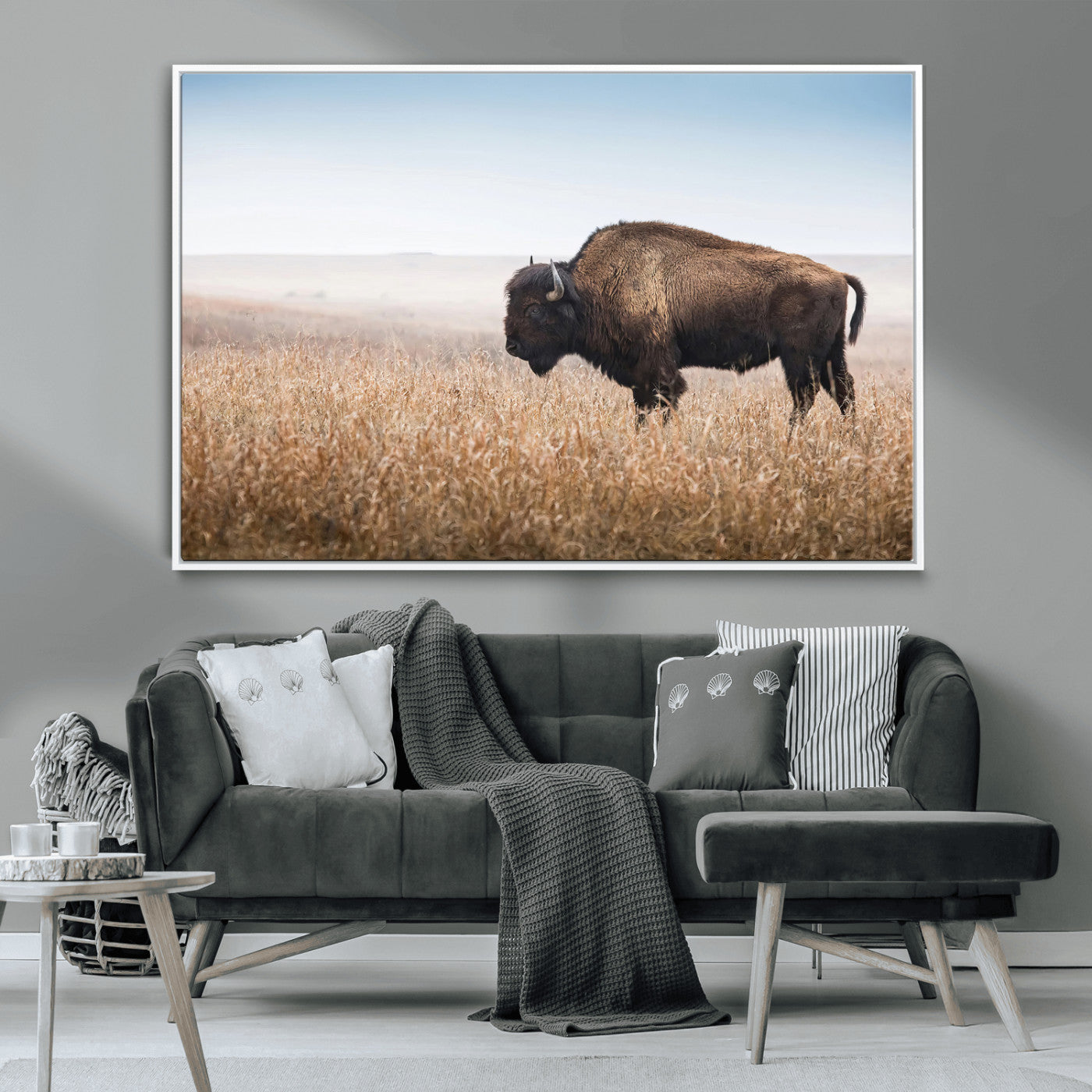 91267849-MGV-CV-36X24-Wild Bison Wall Art Canvas Print, Framed Bison in Prairie Art Picture Print, Rustic Western Perfect Rustic Western Decor Artwork