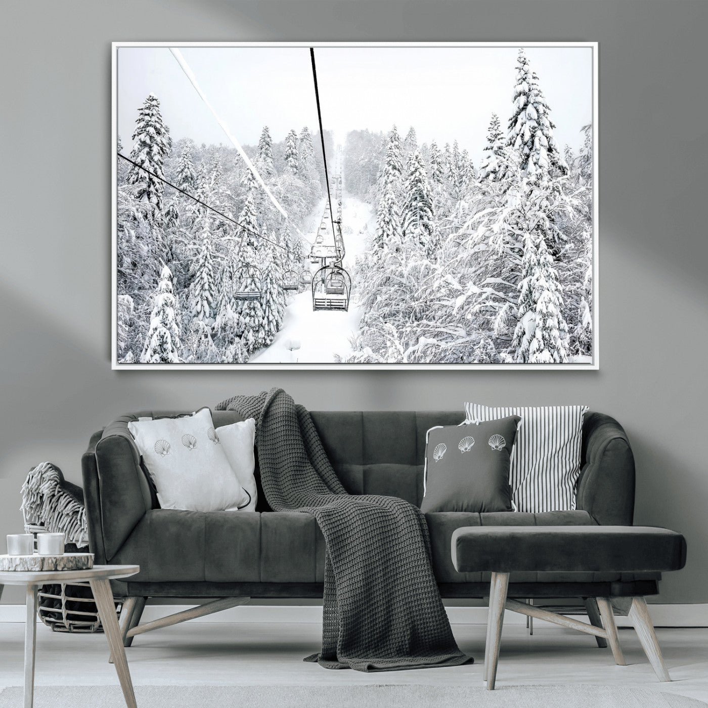 60296839-MGV-CV-36X24-Snowy Mountains Wall Art Canvas Print, Framed Ski Lift Art Picture Print, Winter Forest Perfect Winter Minimalist Decor Artwork