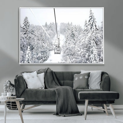 60296839-MGV-CV-36X24-Snowy Mountains Wall Art Canvas Print, Framed Ski Lift Art Picture Print, Winter Forest Perfect Winter Minimalist Decor Artwork