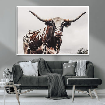 95249234-MGV-CV-36X24-Texas Longhorn Wall Art Canvas Print, Framed Spotted Bull Art Picture Print, Horned Cattle Perfect Rustic Farmhouse Decor Artwork