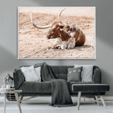 91248682-MGV-CV-36X24-Texas Longhorn Wall Art Canvas Print, Framed Resting Bull Art Picture Print, Spotted Cattle Perfect Rustic Western Decor Artwork