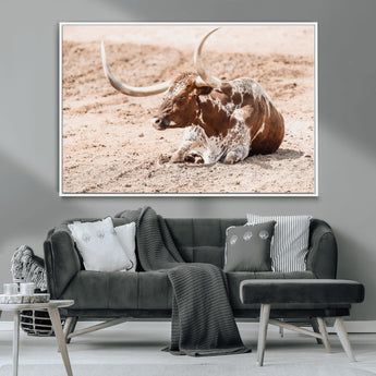 91248682-MGV-CV-36X24-Texas Longhorn Wall Art Canvas Print, Framed Resting Bull Art Picture Print, Spotted Cattle Perfect Rustic Western Decor Artwork