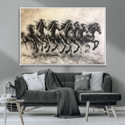 56089591-MGV-CV-36X24-Galloping Horses Wall Art Canvas Print, Framed Wild Stallions Art Picture Print, Horse Herd Sketch Perfect Monochrome Dynamic