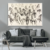 19433417-MGV-CV-36X24-Running Horses Wall Art Canvas Print, Framed Horse Sketch Art Picture Print, Galloping Herd Perfect Monochrome Western Decor