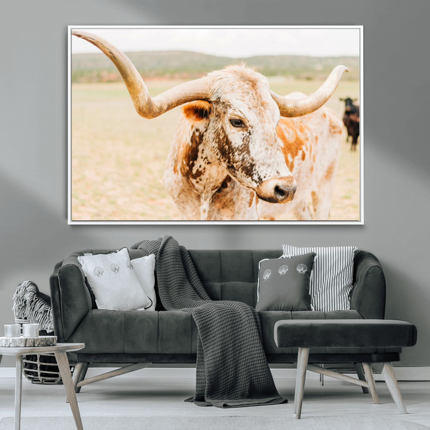 21060648-MGV-CV-36X24-Texas Longhorn Wall Art Canvas Print, Framed Speckled Cow Art Picture Print, Rustic Bull Perfect Rustic Western Decor Artwork