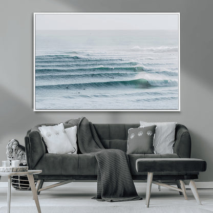 73969318-MGV-CV-36X24-Ocean Waves Wall Art Canvas Print, Framed Surfer Lineup Art Picture Print, Crowded Ocean Perfect Minimal Coastal Decor Artwork