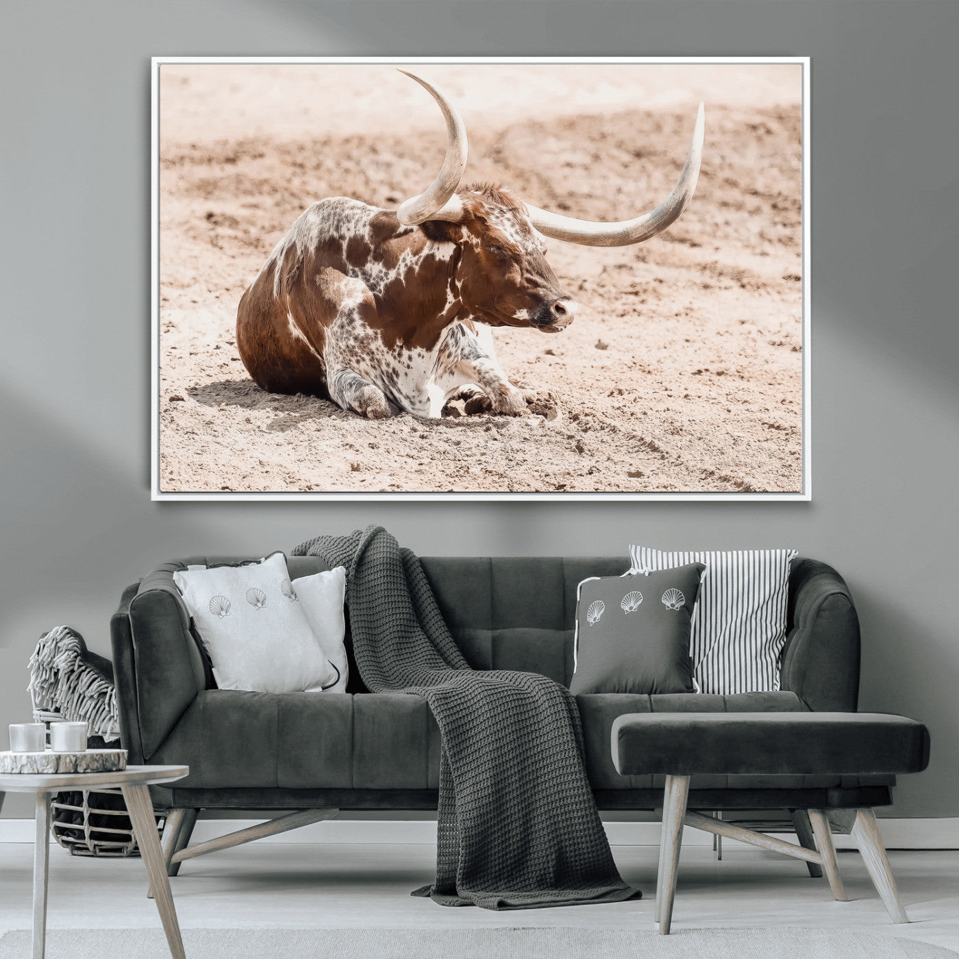 25407592-MGV-CV-36X24-Texas Longhorn Wall Art Canvas Print, Framed Resting Bull Art Picture Print, Spotted Cattle Perfect Rustic Western Decor Artwork