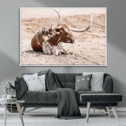 25407592-MGV-CV-36X24-Texas Longhorn Wall Art Canvas Print, Framed Resting Bull Art Picture Print, Spotted Cattle Perfect Rustic Western Decor Artwork