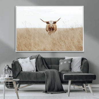 20927060-MGV-CV-36X24-Texas Longhorn Wall Art Canvas Print, Framed Lone Cattle Art Picture Print, Longhorn Bull Perfect Rustic Western Decor Artwork