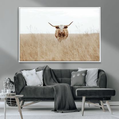 20927060-MGV-CV-36X24-Texas Longhorn Wall Art Canvas Print, Framed Lone Cattle Art Picture Print, Longhorn Bull Perfect Rustic Western Decor Artwork