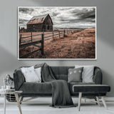 73898372-MGV-CV-36X24-Rustic Barn Wall Art Canvas Print, Framed Moody Field Art Picture Print, Weathered Fence Perfect Moody Farmhouse Decor Artwork