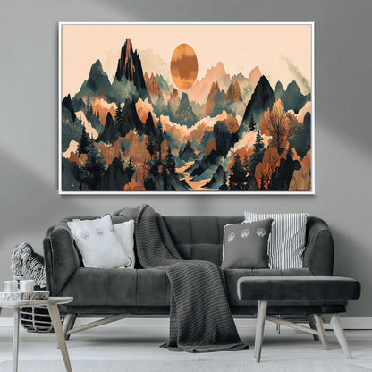 13012770-MGV-CV-36X24-Mountain Landscape Wall Art – Modern Nature Canvas Print with Sun, Misty Peaks, and Forest in Orange and Green Tones for Living