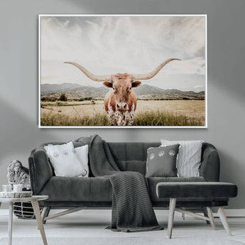 80054319-MGV-CV-36X24-Texas Longhorn Wall Art Canvas Print, Framed Western Cow Art Picture Print, Rustic Farmhouse Perfect Farmhouse Decor Artwork