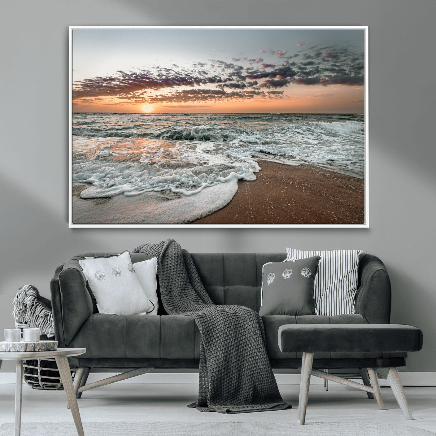 40632752-MGV-CV-36X24-Ocean Sunset Wall Art Canvas Print, Framed Beach Waves Art Picture Print, Coastal Scene Perfect Coastal Decor Artwork
