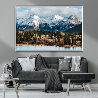 36247746-MGV-CV-36X24-Snowy Peaks Wall Art Canvas Print, Framed Alpine Lake Art Picture Print, Pine Forest Perfect Alpine Wilderness Decor Artwork