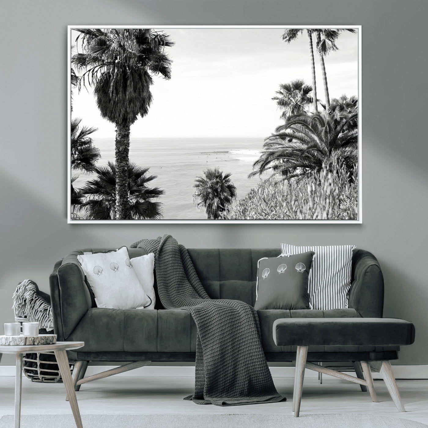 89458520-MGV-CV-36X24-Palm Trees Wall Art Canvas Print, Framed Coastal View Art Picture Print, Ocean Horizon Perfect Monochrome Coast Decor Artwork