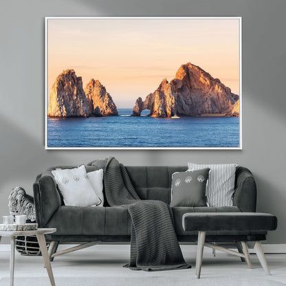 72996116-MGV-CV-36X24-El Arco Wall Art Canvas Print, Framed Cabo Rocks Art Picture Print, Ocean Arch Perfect Golden Coastal Landmark Decor Artwork