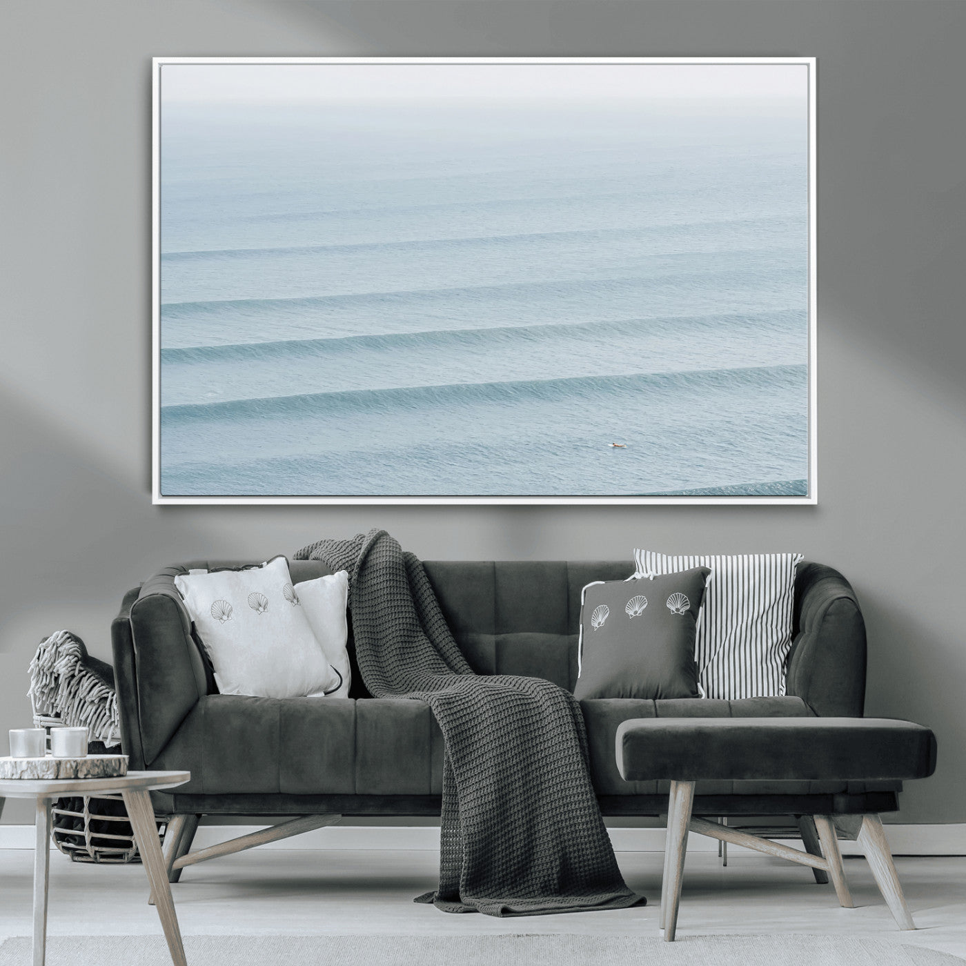 47814787-MGV-CV-36X24-Ocean Waves Wall Art Canvas Print, Framed Solo Surfer Art Picture Print, Wave Lines Perfect Minimalist Ocean Decor Artwork