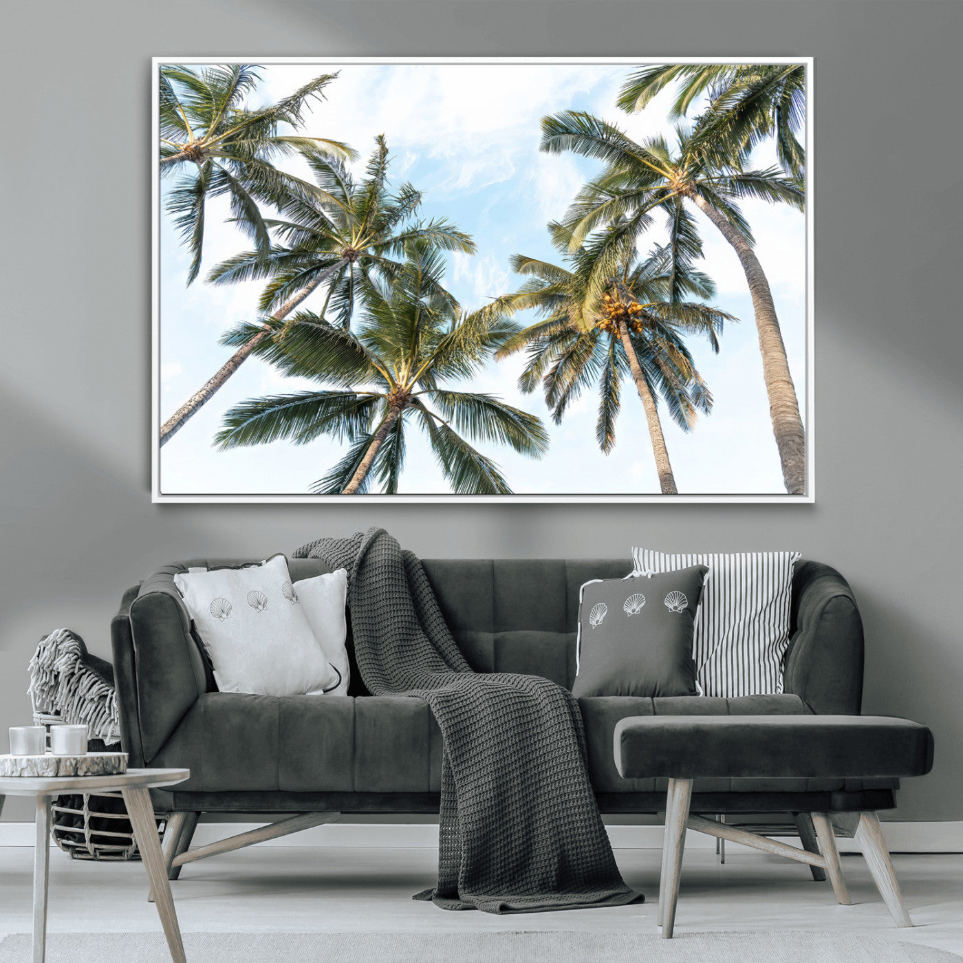 87247012-MGV-CV-36X24-Skyward Palm Trees Wall Art Canvas Print, Framed Tropical Sky Art Picture Print, Coconut Palm Perfect Tropical Skyview Decor