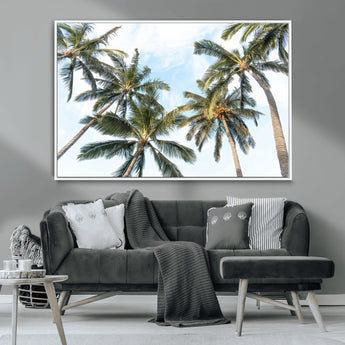 87247012-MGV-CV-36X24-Skyward Palm Trees Wall Art Canvas Print, Framed Tropical Sky Art Picture Print, Coconut Palm Perfect Tropical Skyview Decor