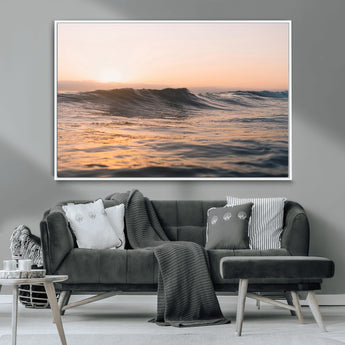 46299358-MGV-CV-36X24-Sunset Waves Wall Art Canvas Print, Framed Ocean Horizon Art Picture Print, Golden Water Perfect Golden Hour Coastal Decor Artwork