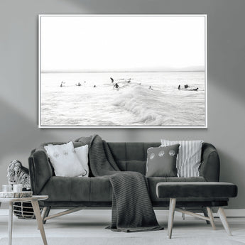 33449548-MGV-CV-36X24-Group Surfers Wall Art Canvas Print, Framed Ocean Wave Art Picture Print, Surf Crowd Perfect Monochrome Surf Decor Artwork